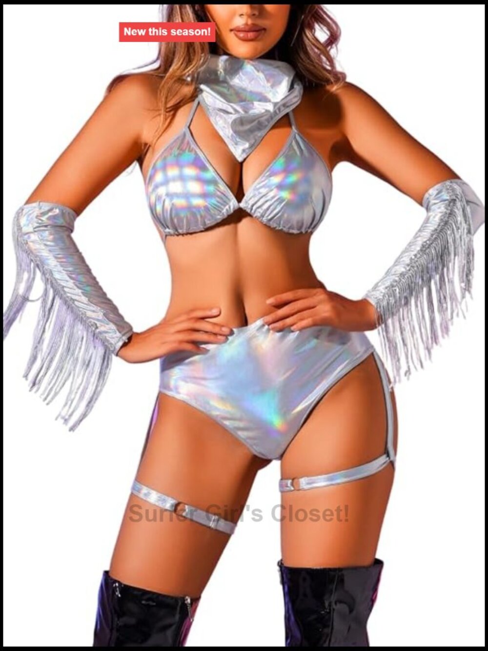 Sexy Holographic Cowgirl Costume 4pc Set for Women Rave Halloween Fringe